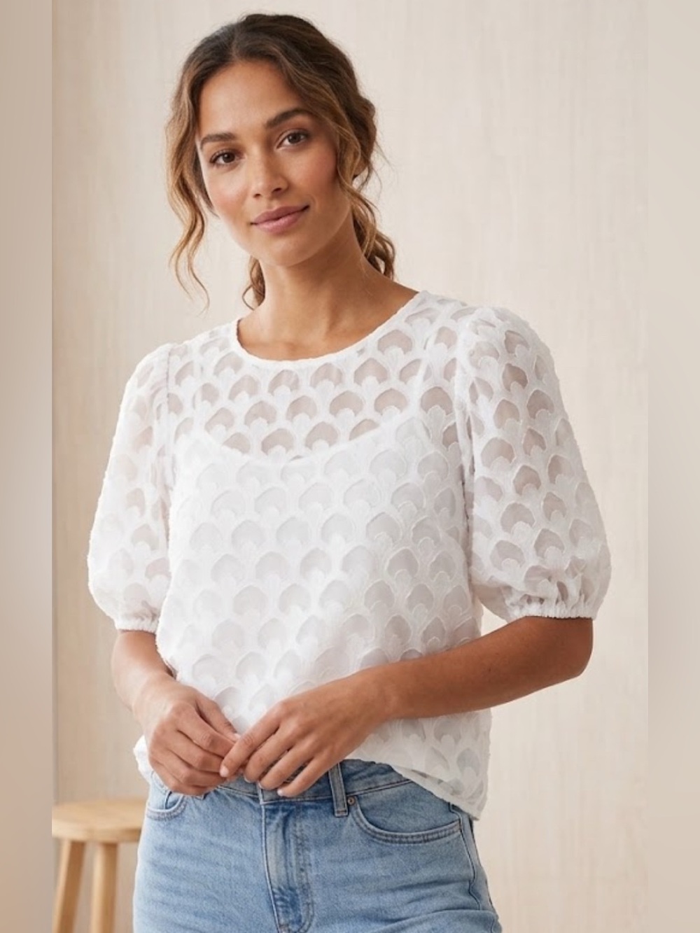 FLYING TOMATO White Arch Burnout Puff Sleeve Camisole Lined Blouse